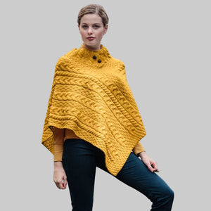 Aran Cable & Basket Merino Wool Poncho Mustard Creative Irish Gift