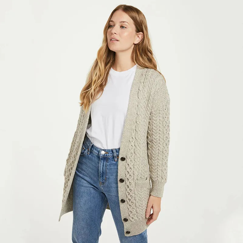 CG633-NATMD Ladies Button Up Aran Boyfriend Cardigan, Oatmeal  Creative Irish Gifts.com