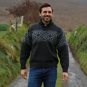 A271195 Men's Wool Celtic Troyer Sweater Studio Lifestyle View Creative Irish gift