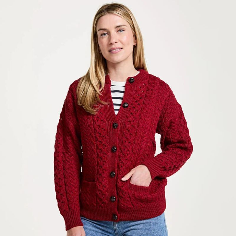 Aran Knitted Merino Wool Cardigan Red studio Creative Irish Gift