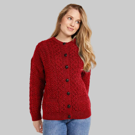 Aran Knitted Merino Wool Cardigan Red Creative Irish Gift