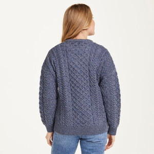 Aran Knitted Merino Wool Cardigan Denim Blue Back View Creative Irish Gift