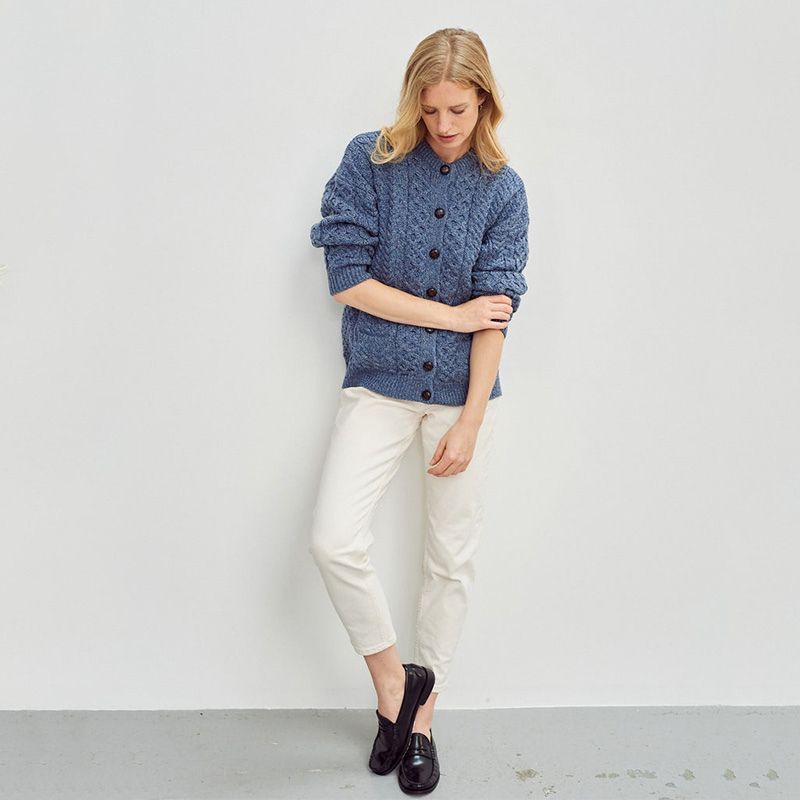 Aran Knitted Merino Wool Cardigan Denim Blue Creative Irish Gift