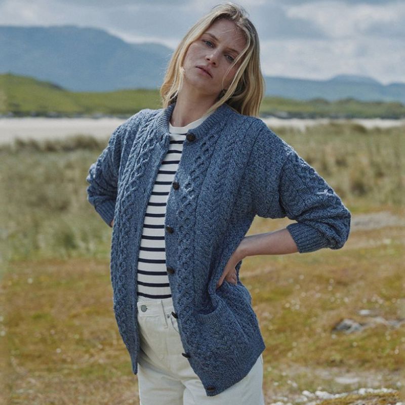 Aran Knitted Merino Wool Cardigan Denim Blue Lifestyle Creative Irish Gift