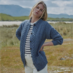 Aran Knitted Merino Wool Cardigan Denim Blue Lifestyle Creative Irish Gift