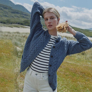 Aran Knitted Merino Wool Cardigan Blue Lifestyle Front View Creative Irish Gift