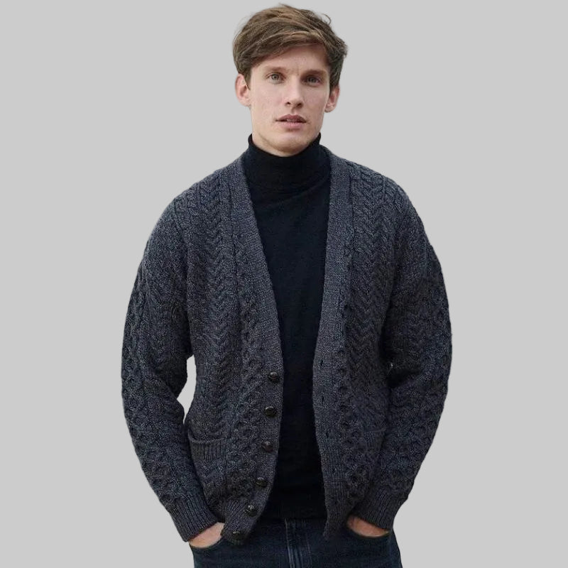 Men's Aran V-Neck Merino Wool Cardigan Charcoal Front View Creative Irish Gift