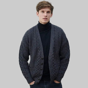 Men's Aran V-Neck Merino Wool Cardigan Charcoal Front View Creative Irish Gift