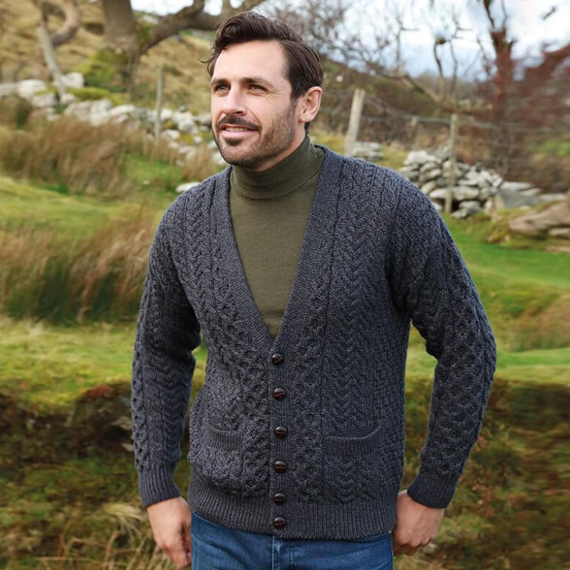 Men's Aran V-Neck Merino Wool Cardigan Charcoal Lifestyle Creative Irish Gift