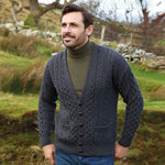Men's Aran V-Neck Merino Wool Cardigan Charcoal Lifestyle Creative Irish Gift