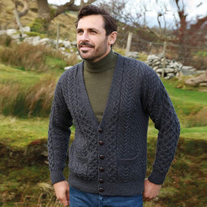 Men's Aran V-Neck Merino Wool Cardigan Charcoal Lifestyle Creative Irish Gift