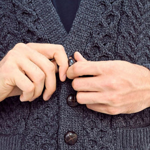 Men's Aran V-Neck Merino Wool Cardigan Charcoal Studio Creative Irish Gift