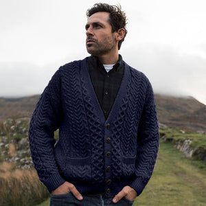 Men's Aran V-Neck Merino Wool Cardigan Navy Lifestyle Creative Irish Gift