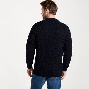 Men's Aran V-Neck Merino Wool Cardigan Navy Back View Creative Irish Gift