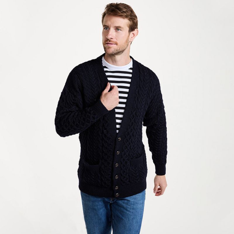 Men's Aran V-Neck Merino Wool Cardigan Navy Front View Creative Irish Gift