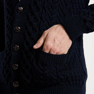 Men's Aran V-Neck Merino Wool Cardigan Navy studio Creative Irish Gift