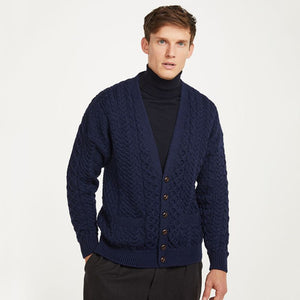 Men's Aran V-Neck Merino Wool Cardigan Navy Creative Irish Gift