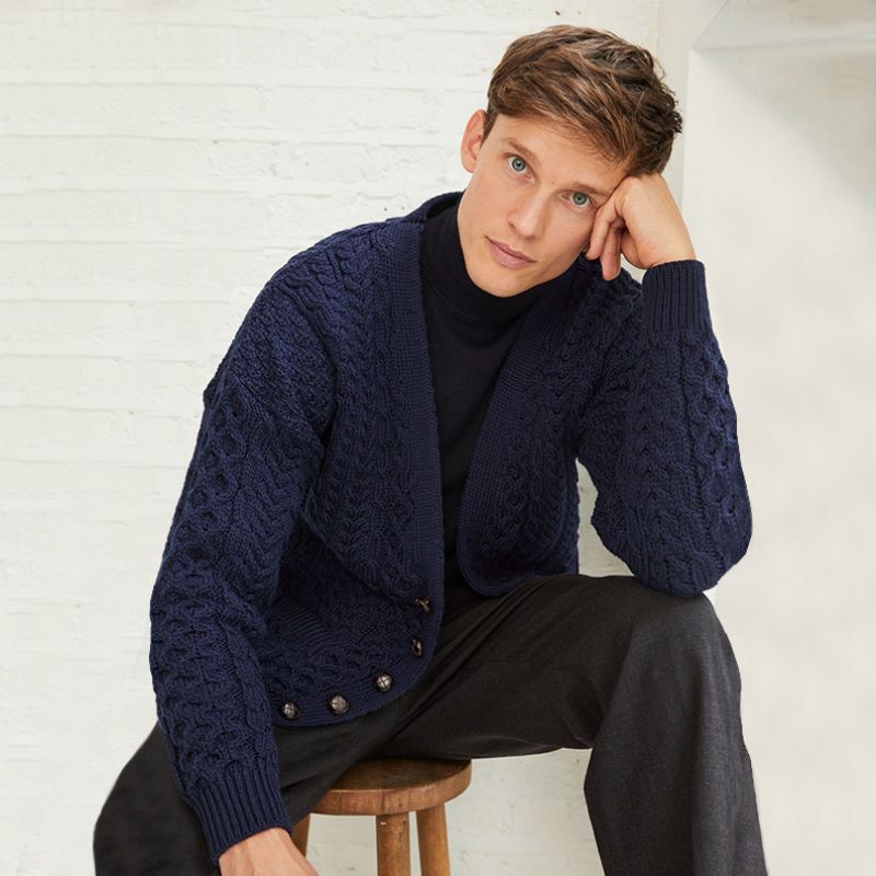 Men's Aran V-Neck Merino Wool Cardigan Navy Creative Irish Gift