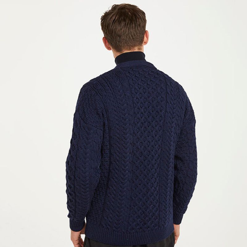 Men's Aran V-Neck Merino Wool Cardigan Navy Creative Irish Gift