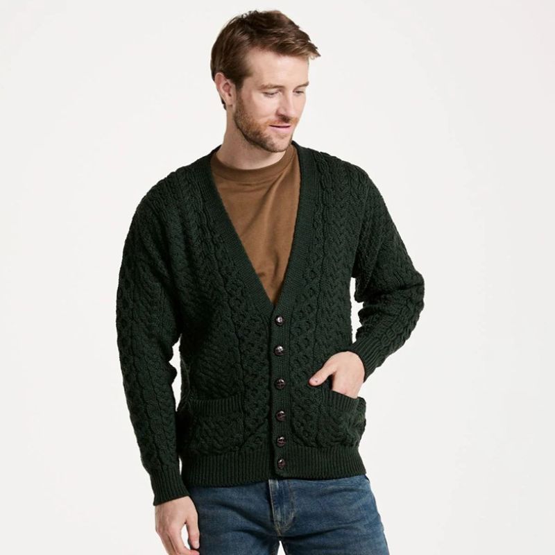 Men's Aran V-Neck Merino Wool Cardigan Green Creative Irish Gift