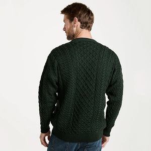 Men's Aran V-Neck Merino Wool Cardigan Green Back View Creative Irish Gift