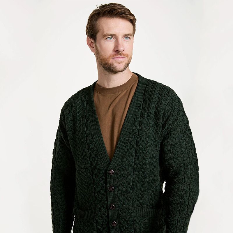 Men's Aran V-Neck Merino Wool Cardigan Green Front View Creative Irish Gift