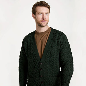 Men's Aran V-Neck Merino Wool Cardigan Green Front View Creative Irish Gift