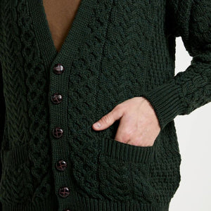 Men's Aran V-Neck Merino Wool Cardigan Green Studio Creative Irish Gift