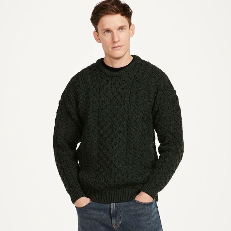 A823 Classic Aran Merino Wool Crew Neck Sweater Green Creative Irish Gifts
