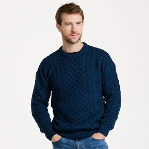 A823 Aran Fisherman Merino Wool Crew Neck Sweater Atlantic Blue Creative Irish Gift.