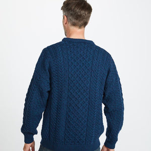 A823 Aran Fisherman Merino Wool Crew Neck Sweater Atlantic Blue Creative Irish Gift.