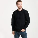 A823 Aran Fisherman Merino Wool Crew Neck Sweater Black Studio Creative Irish Gift.