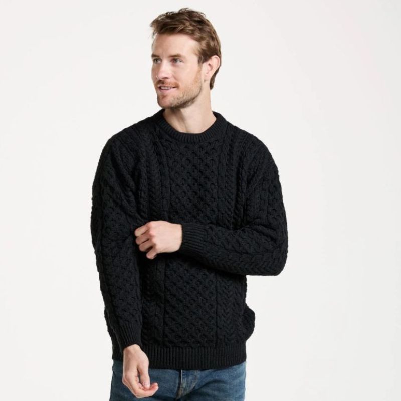 A823 Aran Fisherman Merino Wool Crew Neck Sweater Black Creative Irish Gift.