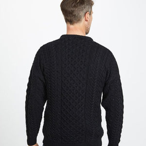 A823 Aran Fisherman Merino Wool Crew Neck Sweater Black Back View Creative Irish Gift.