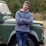 A823 Aran Fisherman Merino Wool Crew Neck Sweater Denim Blue Lifestyle Creative Irish Gift.