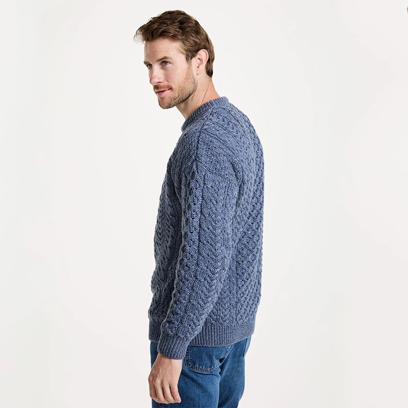 A823 Aran Fisherman Merino Wool Crew Neck Sweater Denim Blue Side View Creative Irish Gift.