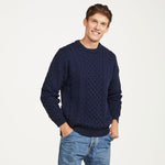 A823 Aran Fisherman Merino Wool Crew Neck Sweater Navy Blue Creative Irish Gift.