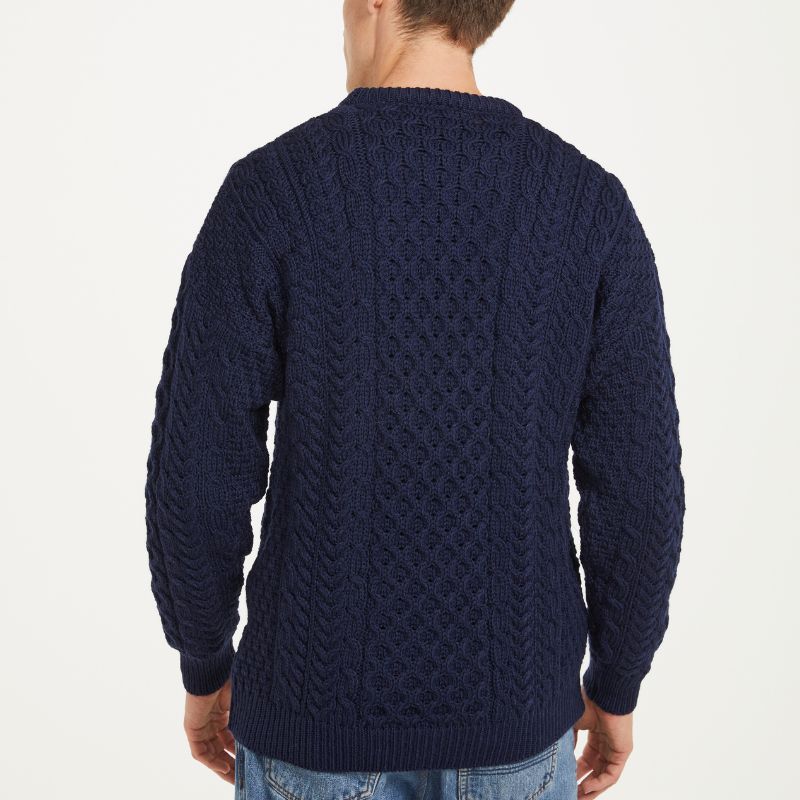 A823 Aran Fisherman Merino Wool Crew Neck Sweater Navy Blue Creative Irish Gift.
