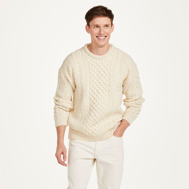 A823 Aran Fisherman Merino Wool Crew Neck Sweater White Creative Irish Gift.
