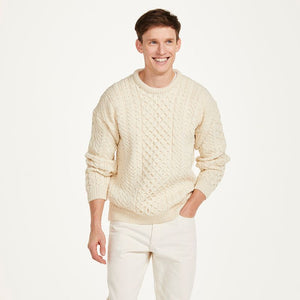 A823 Aran Fisherman Merino Wool Crew Neck Sweater White Creative Irish Gift.