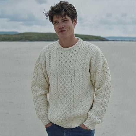 A823 Aran Fisherman Merino Wool Crew Neck Sweater White Lifestyle Creative Irish Gift.