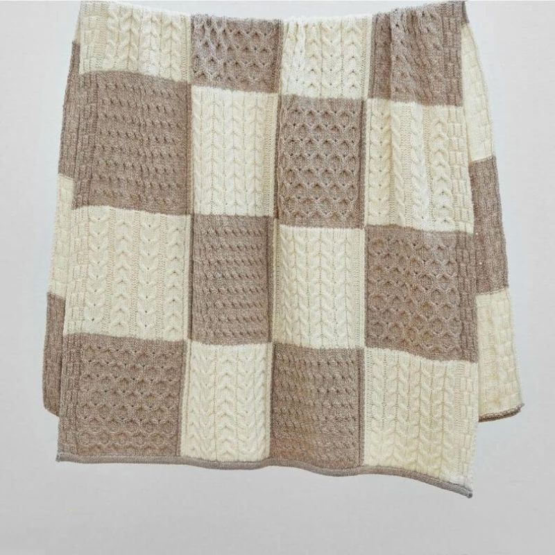 Traditional Aran Patchwork Merino Wool Throw White front view Creative Irish Gift