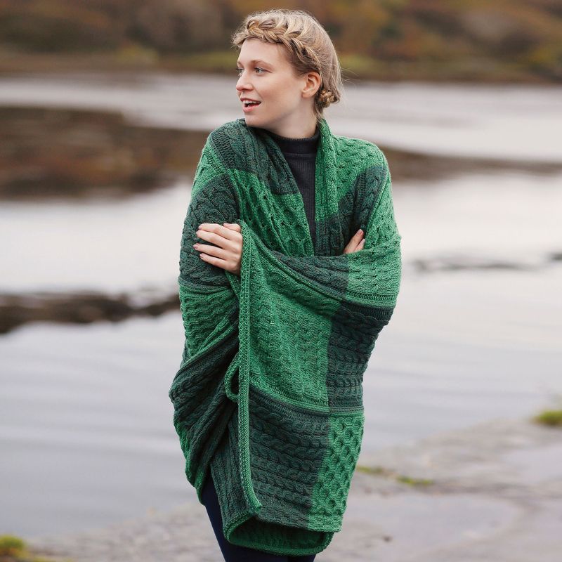 Traditional Aran Patchwork Merino Wool Throw Green Lifestyle Creative Irish Gift