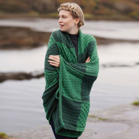 Traditional Aran Patchwork Merino Wool Throw Green Lifestyle Creative Irish Gift
