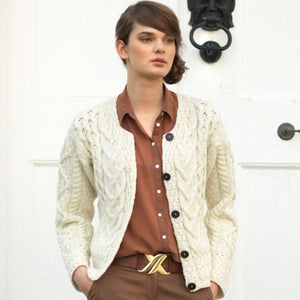 Ladies Boyfriend Aran Cable Knit Cardigan White Front View Creative Irish Gift