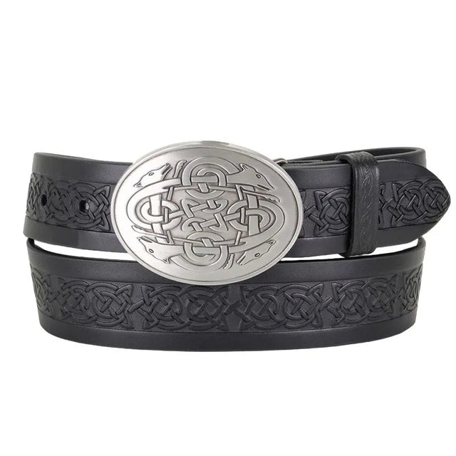 AE712-BLK Celtic Hounds Leather Belt with Buckle, Black Creative Irish gift