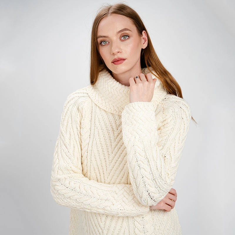 AWL118-300 Women's Aran Cowl Neck Sweater, Natural Creative Irish Gifts
