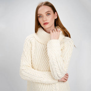 AWL118-300 Women's Aran Cowl Neck Sweater, Natural Creative Irish Gifts
