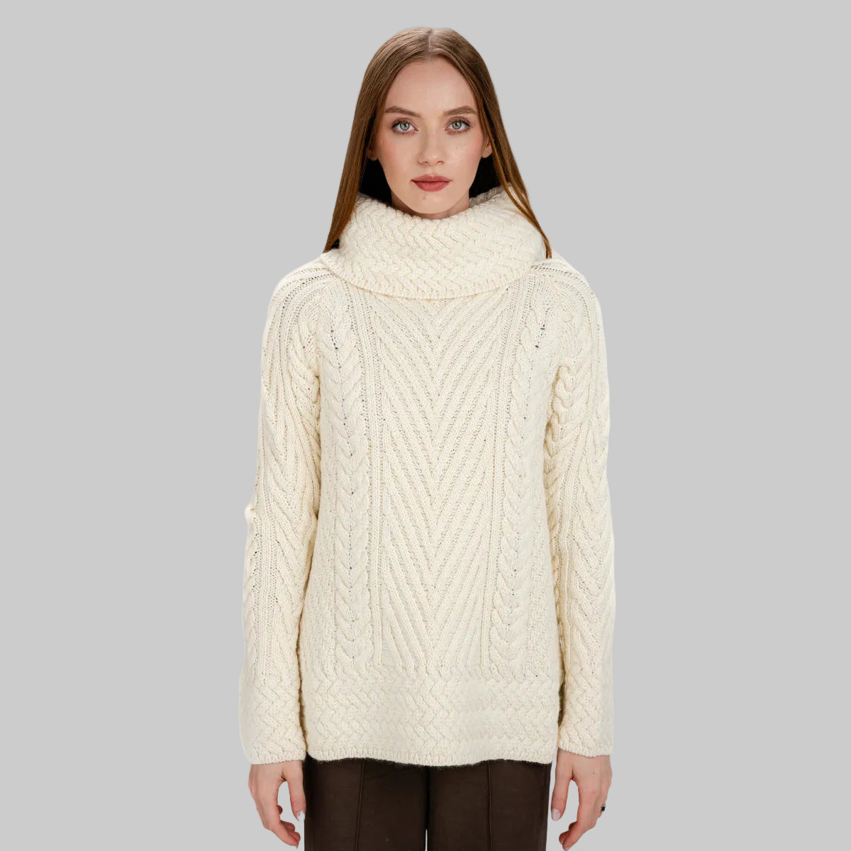 AWL118-Women's Merino Wool Irish Turtleneck Sweater White Front View Creative Irish Gift
