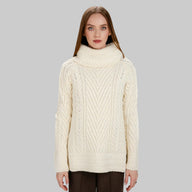 AWL118-Women's Merino Wool Irish Turtleneck Sweater White Front View Creative Irish Gift